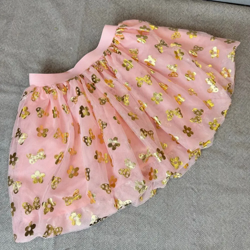Disney Minnie Mouse Skirt Pink Gold Foil Tulle Bows Tutu Bubble Girls 6
